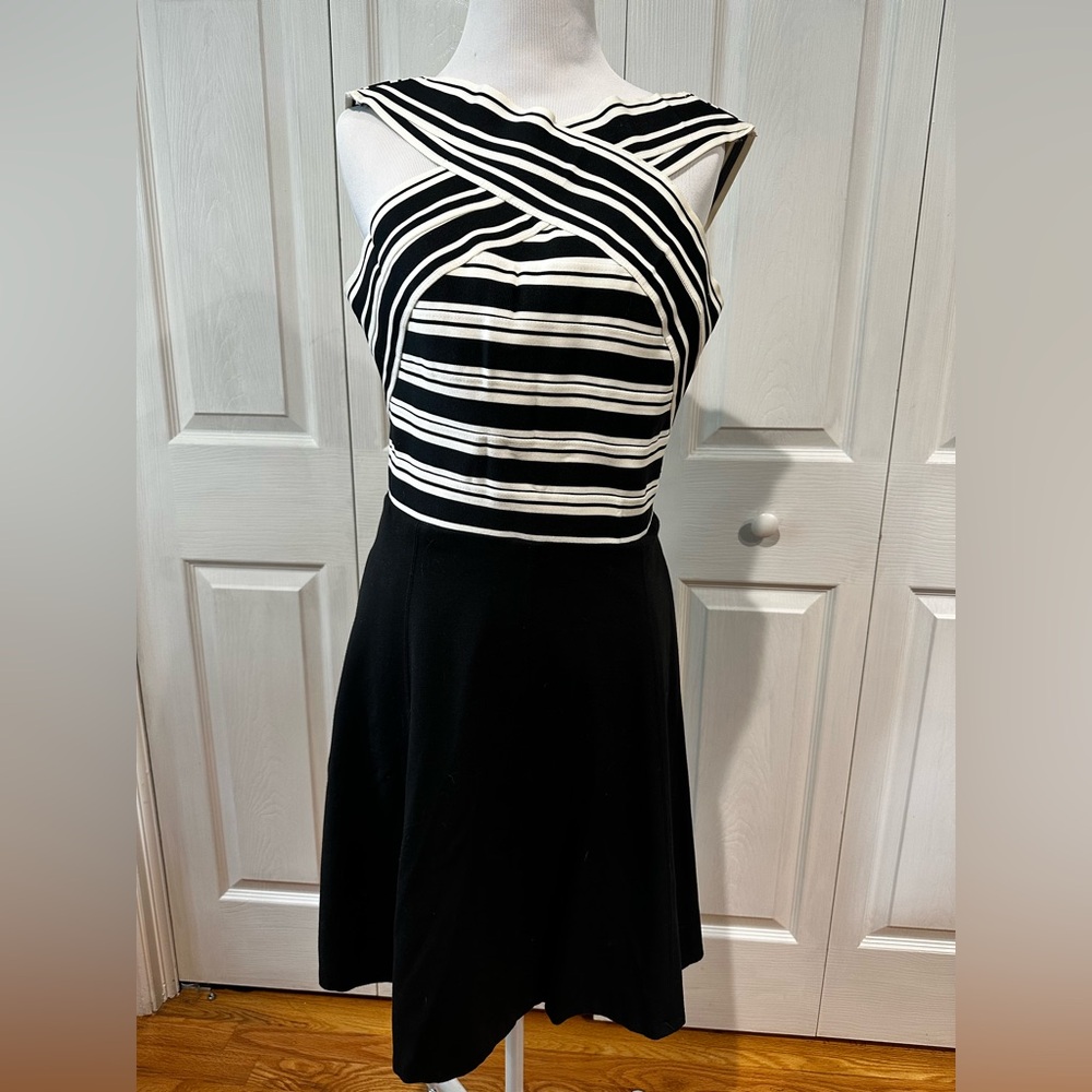 Maeve Black and White Striped Cross-Front Fit-and-Flare Dress